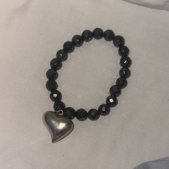 Jewelry - Black Beaded Bracelet with Silver Heart Charm